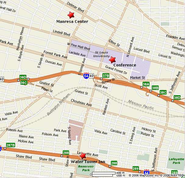 Map showing the Water Tower Inn, the Manresa Center and the Conference location